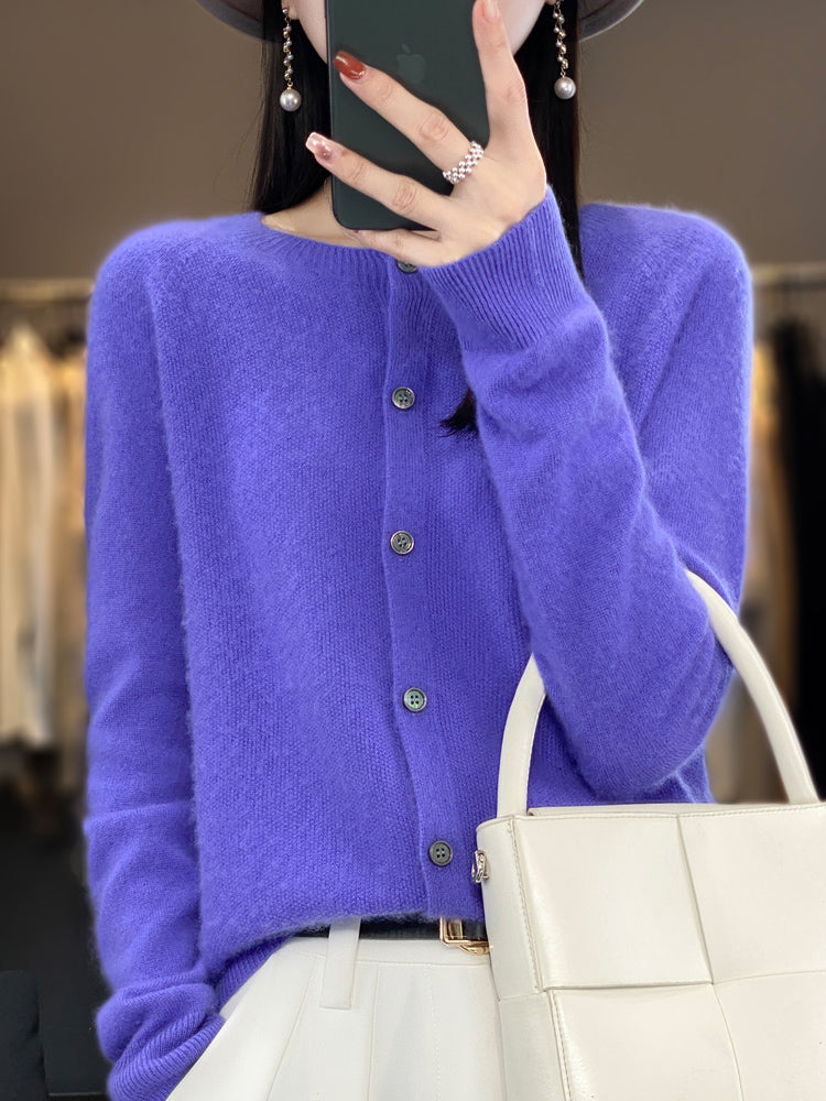 Fashion Women 100% Merino Wool Cardigans Cashmere Sweater Autumn Winter O-neck Long Sleeve Knitwear Female Basic Clothing Tops