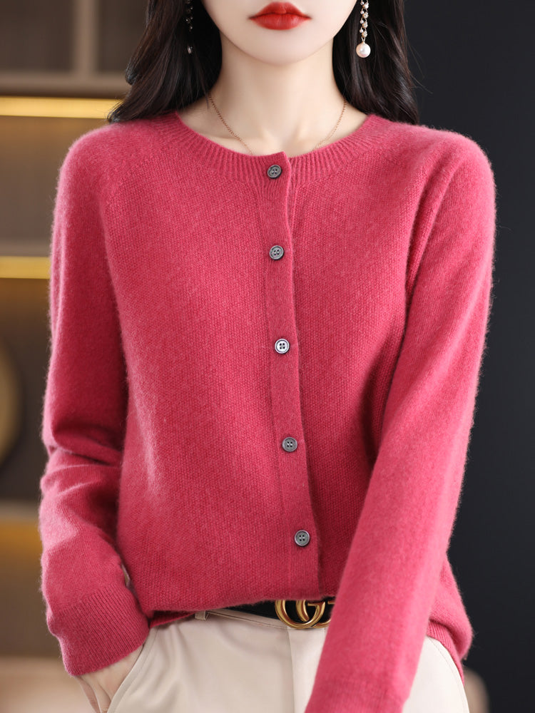 Fashion Women 100% Merino Wool Cardigans Cashmere Sweater Autumn Winter O-neck Long Sleeve Knitwear Female Basic Clothing Tops