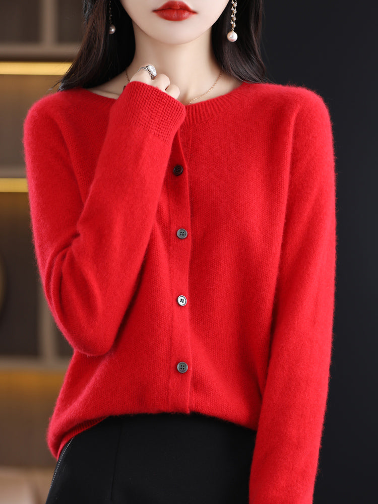 Fashion Women 100% Merino Wool Cardigans Cashmere Sweater Autumn Winter O-neck Long Sleeve Knitwear Female Basic Clothing Tops
