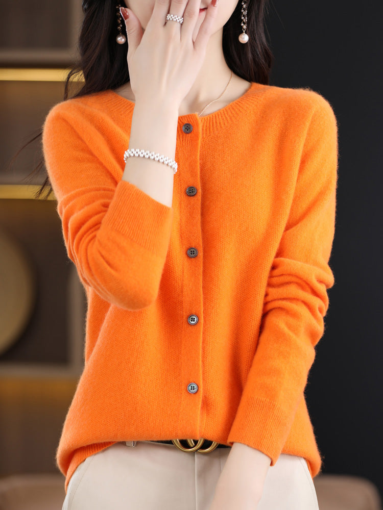 Fashion Women 100% Merino Wool Cardigans Cashmere Sweater Autumn Winter O-neck Long Sleeve Knitwear Female Basic Clothing Tops