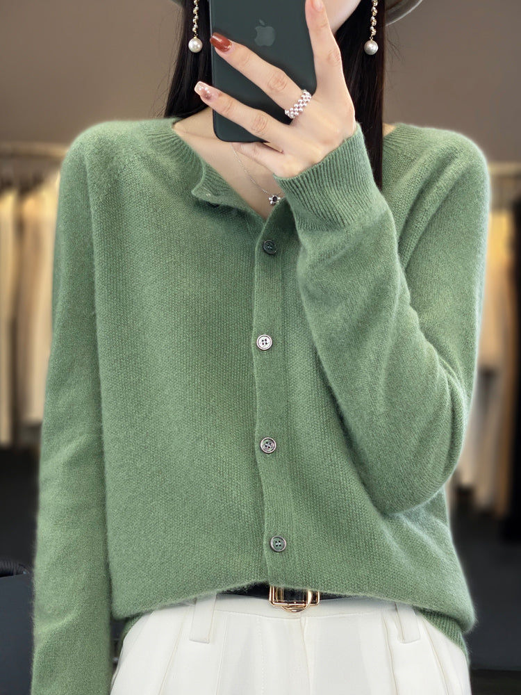 Fashion Women 100% Merino Wool Cardigans Cashmere Sweater Autumn Winter O-neck Long Sleeve Knitwear Female Basic Clothing Tops