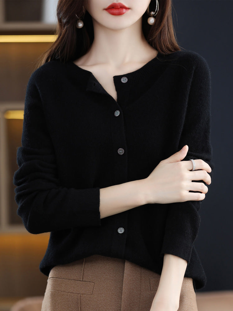 Fashion Women 100% Merino Wool Cardigans Cashmere Sweater Autumn Winter O-neck Long Sleeve Knitwear Female Basic Clothing Tops
