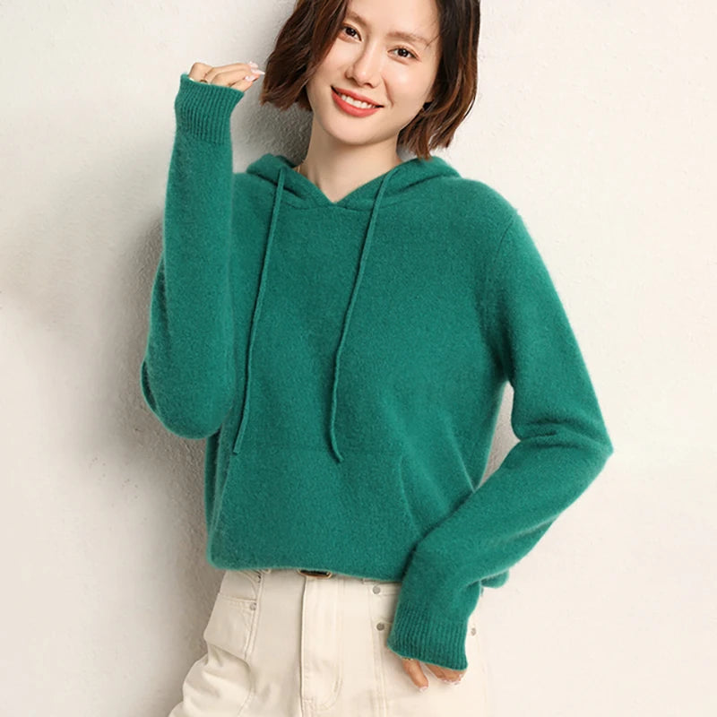 Addonee High Quality 100% Cashmere Hoodies Insert Pocket Thick Sweater Women's Pullover Loose Warm Comfort Tops Clothing