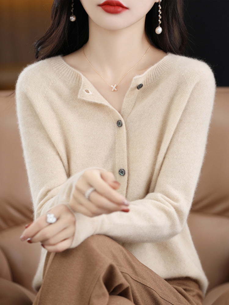 Fashion Women 100% Merino Wool Cardigans Cashmere Sweater Autumn Winter O-neck Long Sleeve Knitwear Female Basic Clothing Tops