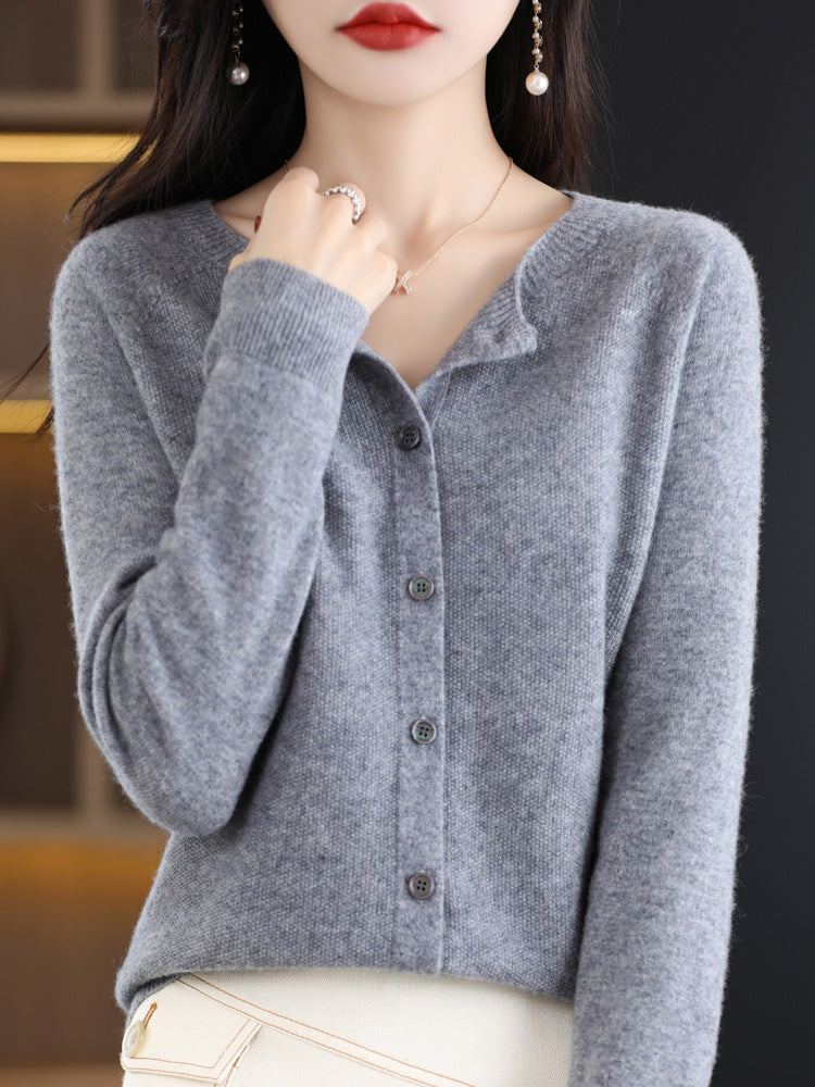 Fashion Women 100% Merino Wool Cardigans Cashmere Sweater Autumn Winter O-neck Long Sleeve Knitwear Female Basic Clothing Tops
