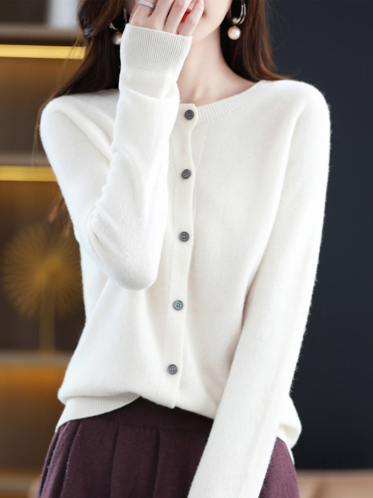 Fashion Women 100% Merino Wool Cardigans Cashmere Sweater Autumn Winter O-neck Long Sleeve Knitwear Female Basic Clothing Tops