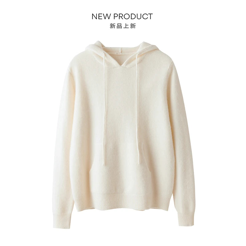 Addonee High Quality 100% Cashmere Hoodies Insert Pocket Thick Sweater Women's Pullover Loose Warm Comfort  Tops Clothing