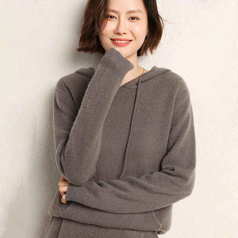 Addonee High Quality 100% Cashmere Hoodies Insert Pocket Thick Sweater Women's Pullover Loose Warm Comfort  Tops Clothing
