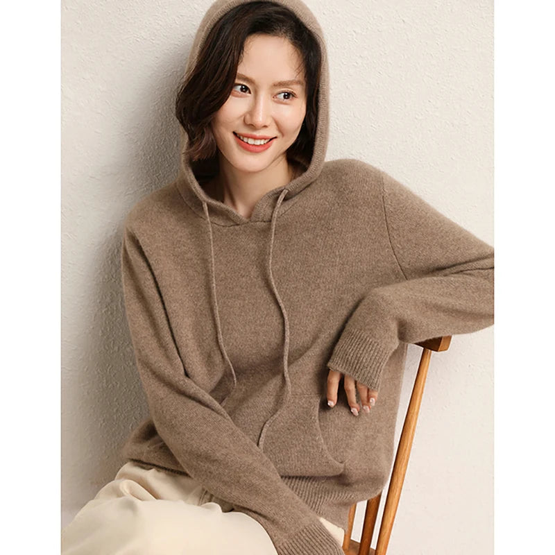 Addonee High Quality 100% Cashmere Hoodies Insert Pocket Thick Sweater Women's Pullover Loose Warm Comfort  Tops Clothing