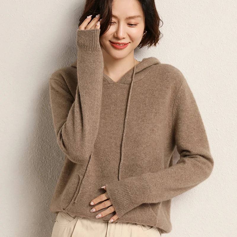 Addonee High Quality 100% Cashmere Hoodies Insert Pocket Thick Sweater Women's Pullover Loose Warm Comfort  Tops Clothing