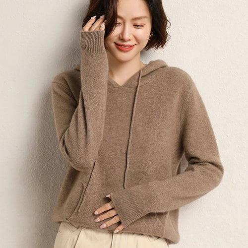 Addonee High Quality 100% Cashmere Hoodies Insert Pocket Thick Sweater Women's Pullover Loose Warm Comfort  Tops Clothing