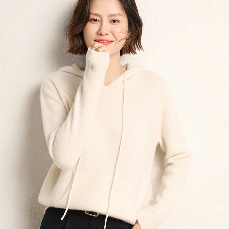Addonee High Quality 100% Cashmere Hoodies Insert Pocket Thick Sweater Women's Pullover Loose Warm Comfort  Tops Clothing